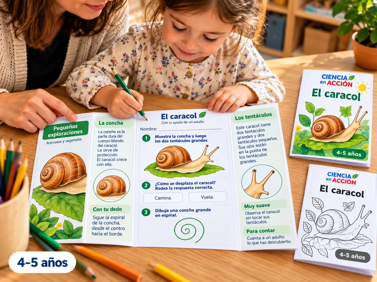 Escena ilustrativa: un niño descubre la ficha del caracol con un adulto.