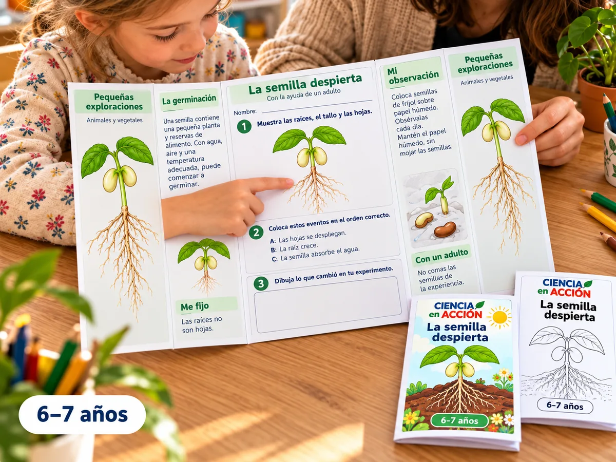 Escena ilustrativa: un niño observa la germinación con ayuda de una ficha.