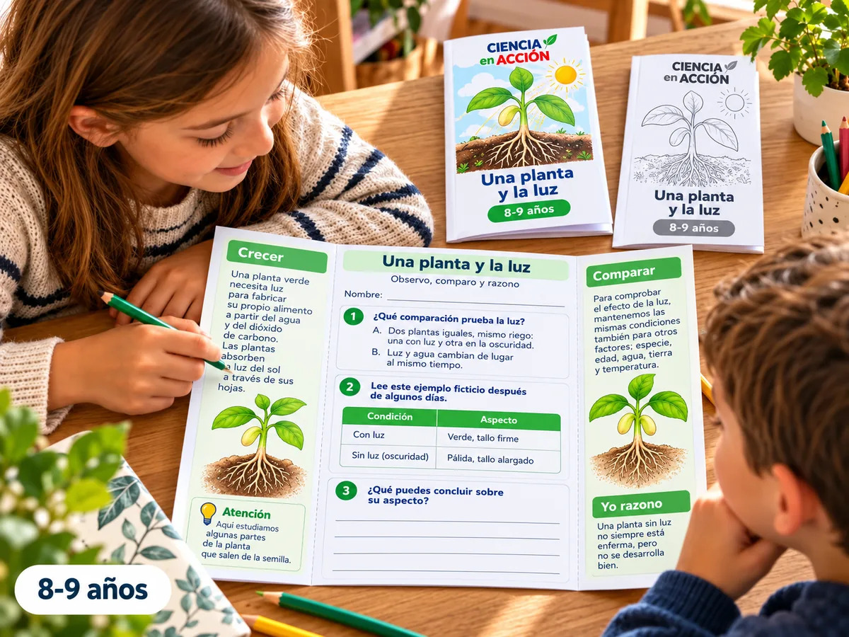 Escena ilustrativa: unos niños comparan las condiciones de crecimiento de una planta.