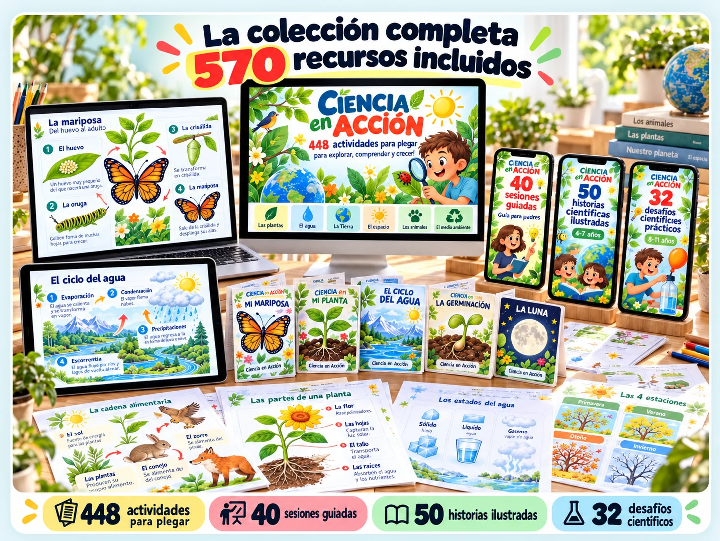 La colección completa Ciencia en Acción: 448 fichas, 40 sesiones guiadas, 50 cuentos y 32 desafíos.